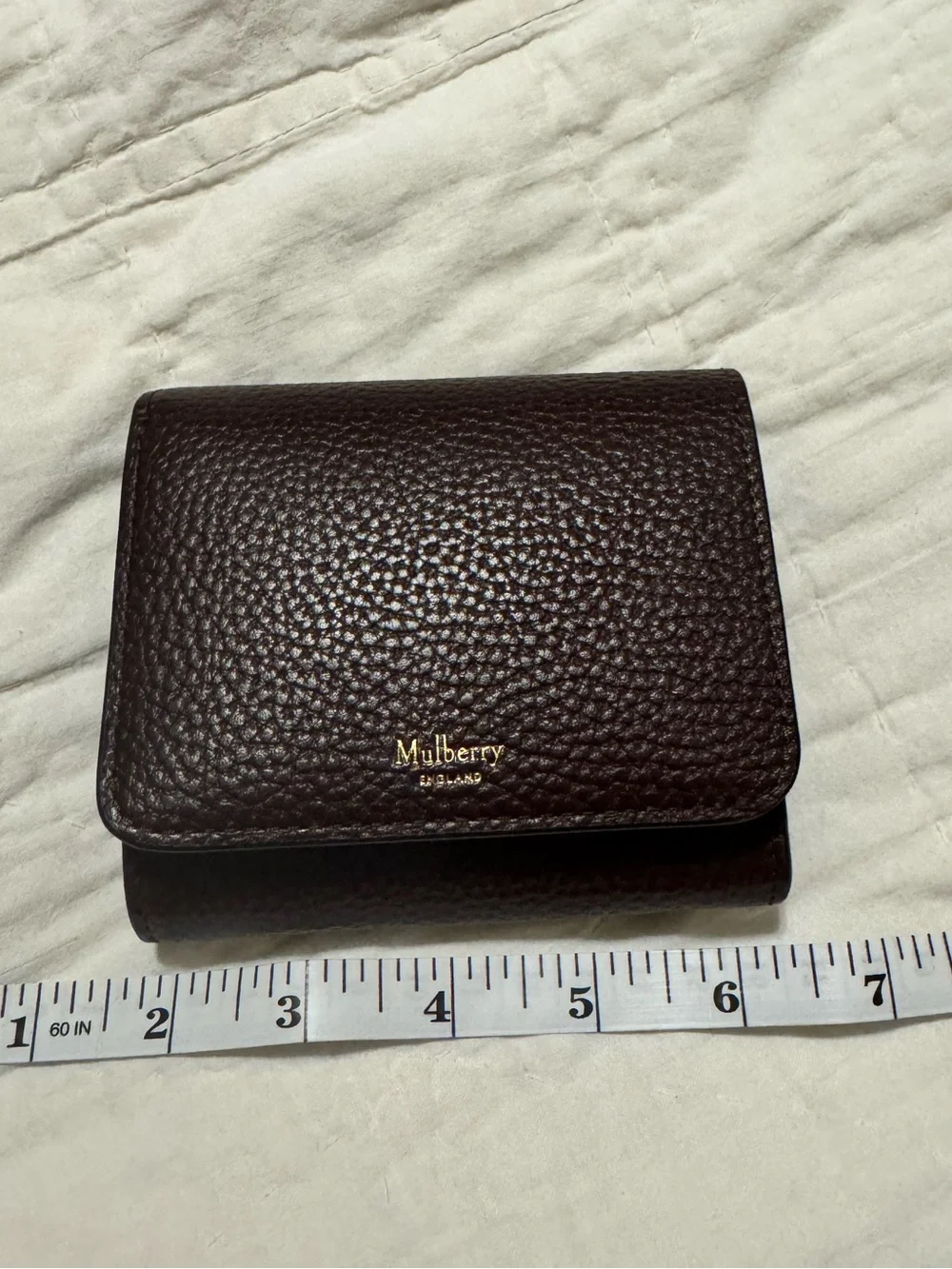 Mulberry Pebbled Leather Compact Wallet in Burgundy with Gold Logo
